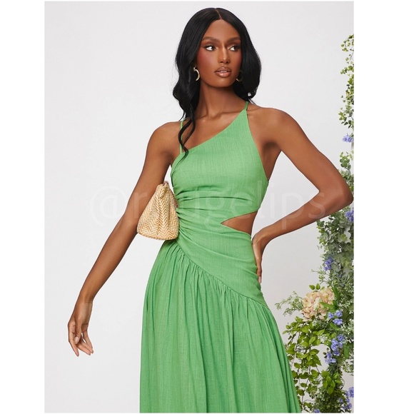 Asymmetrical Green Dress Cut Out Ruched Maxi Lace Up Back - Picture 4 of 15